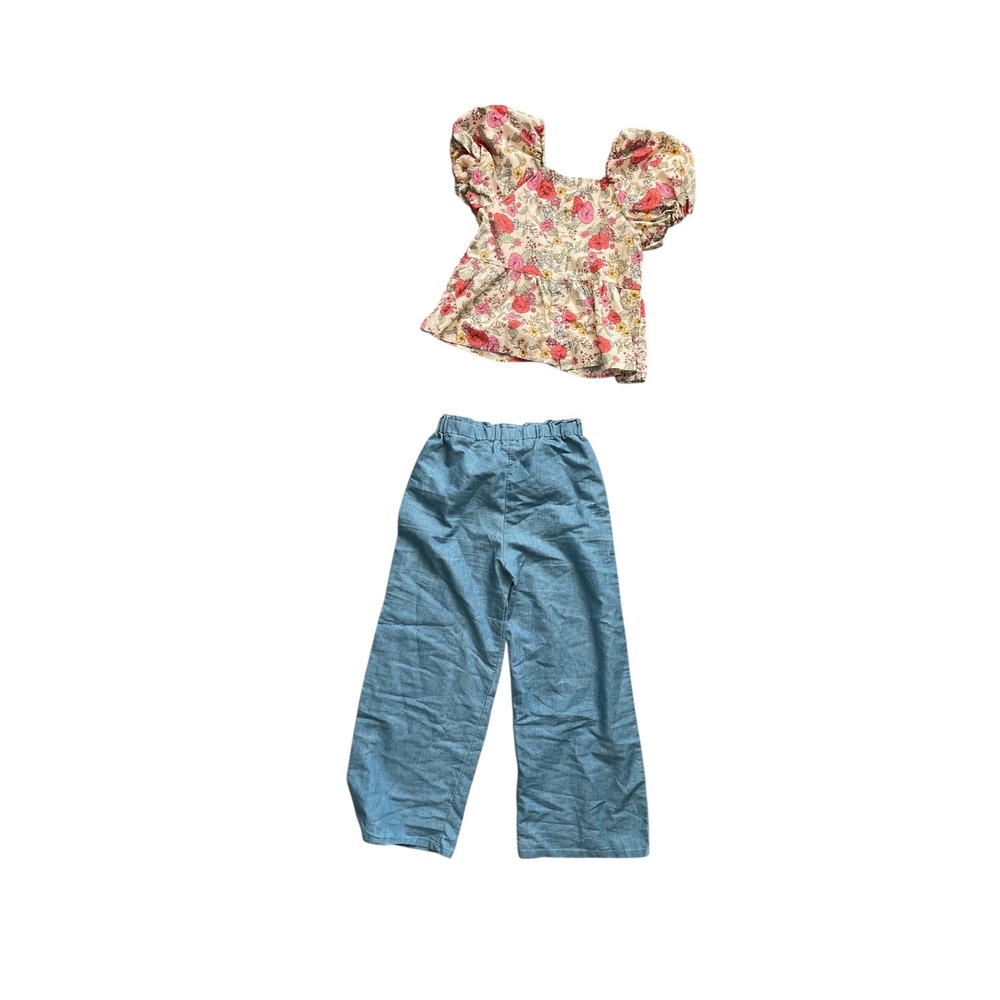 btween Kids Floral Puff Sleeve Top Denim Wide Leg Pants Set Size 6